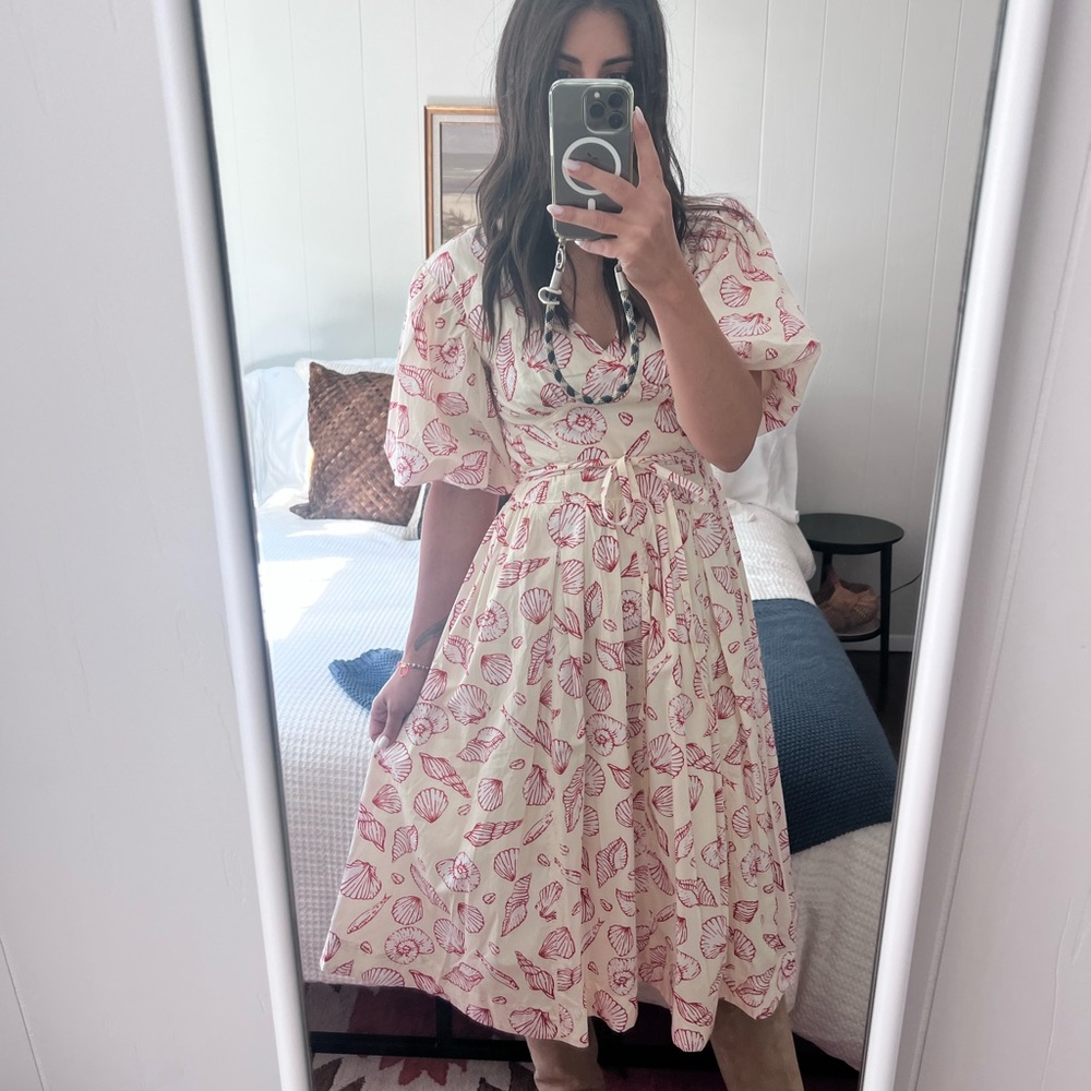 Pinch seashell nautical puff sleeve midi dress with tie